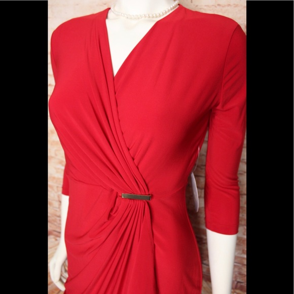Emma & Michelle | Red Gathered Surplice Dress - Picture 5 of 13